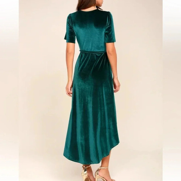 Lulus Amour Teal Green Luxe Stretch Velvet High-Low Wrap Dress V-Neck Size M - Picture 3 of 15